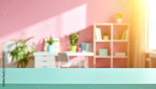 Blurred Pastel Home Office Interior with Plants and Shelf in Warm Sunlight