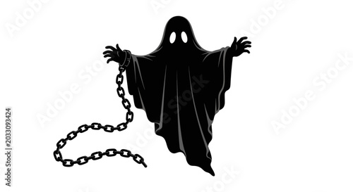 Canvastavla A spooky black silhouette of a ghost with glowing eyes dragging a heavy metal chain