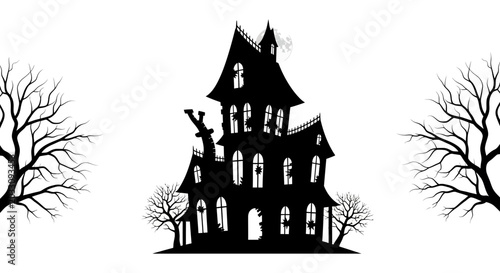 Schilderij op canvas A detailed black silhouette of a spooky Victorian haunted house with bare trees