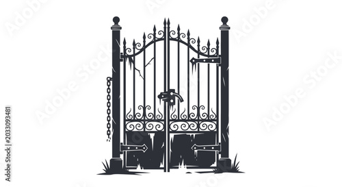 Obraz na płótnie A detailed black and white illustration of an old ornate wrought iron gate