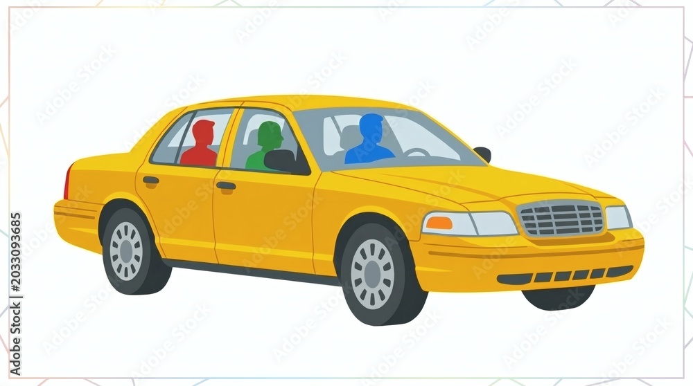 Naklejka premium An isolated vector-style illustration of a classic yellow taxi cab carrying diverse passengers on a clean white background.