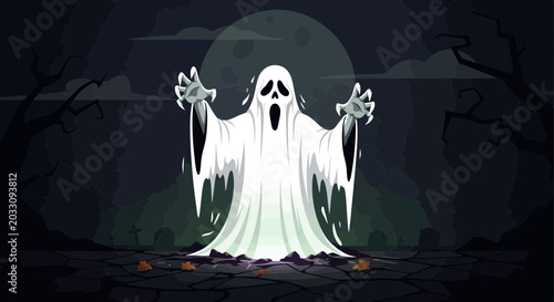 Cuadro en lienzo A spooky white ghost character with raised arms and a frightened expression