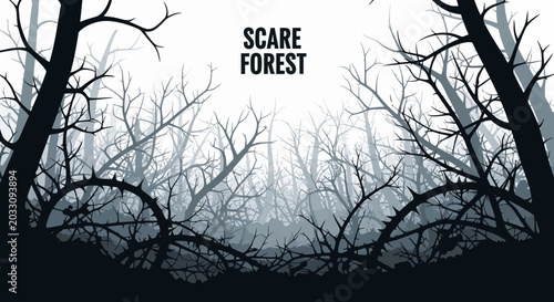 Dark silhouette of a spooky forest with bare trees and thorny branches.