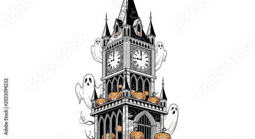 Фотография Spooky haunted clock tower illustration with ghosts and pumpkins.