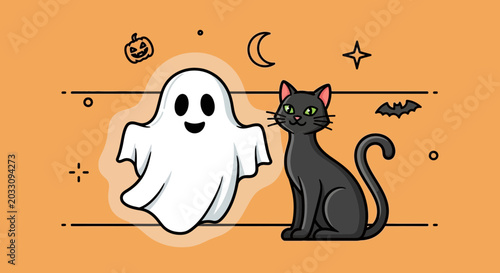 Картината върху платно A cute cartoon ghost and a black cat sitting together for Halloween