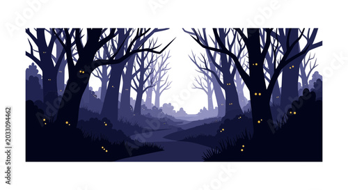 Spooky dark forest with glowing eyes hidden in the trees.