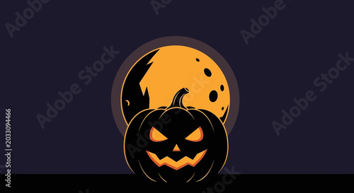 Фотография A dark glowing jack o lantern pumpkin silhouette against a full moon