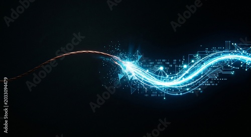 Abstract dynamic wave of glowing blue data energy trails and digital particles over a dark minimal cyberspace background.