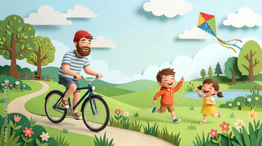 Naklejka premium Happy father riding a bicycle with his son and daughter flying a kite in a beautiful sunny green park during summer