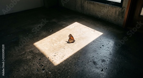 A small domestic cat sitting quietly inside a bright rectangular patch of natural sunlight on a dark raw concrete floor.