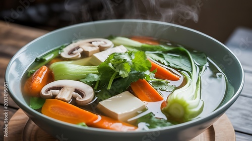 Delicious and healthy vegetable soup with tofu and mushrooms in a bowl on a table