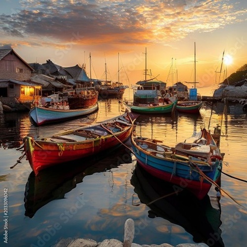colorful traditional boats at fishing village harbor golden 