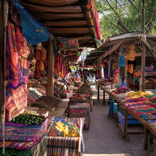 traditional village market with local vendors and colorful t