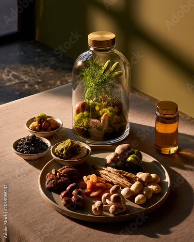 Luxury wellness table with biosphere jar and longevity foods showcasing calm premium lifestyle and holistic healthy living