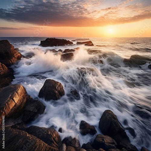 dramatic ocean waves crashing on rocky coastline at sunset l