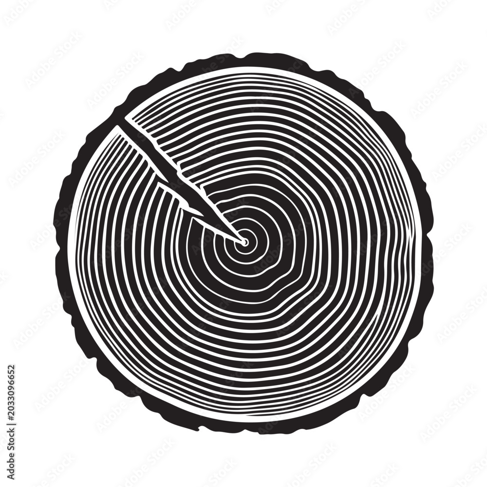 Fototapeta premium Black and white tree ring cross section vector illustration with concentric circles and natural wood grain texture