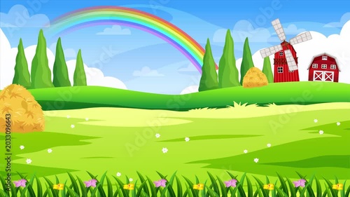 Cartoon Farm Landscape with Rainbow 4k looped