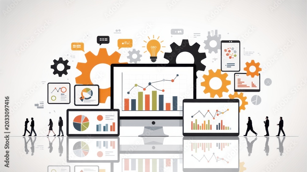 Fototapeta premium Business team analyzing growth charts on digital tablet with data icons