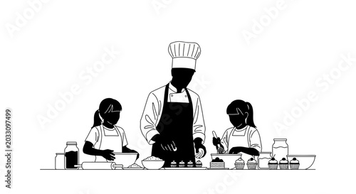 Cuadro en lienzo A professional chef teaching two young girls how to bake cupcakes in a kitchen