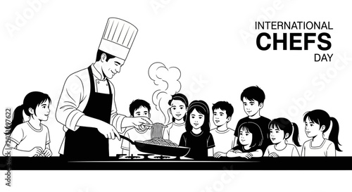 Fotografia A professional chef teaching a group of children how to cook in a kitchen