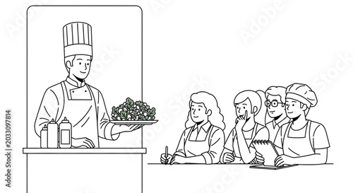 Schilderij op canvas A professional chef demonstrating a culinary dish to a group of attentive students in a classroom setting