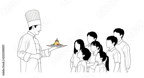 Bild auf Leinwand A professional chef presenting a gourmet dish to a group of attentive students