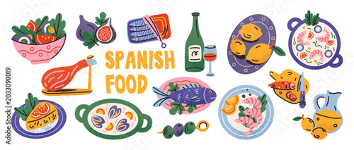 Foto Spanish food illustrations with ham seafood fruits wine iberian ham main course