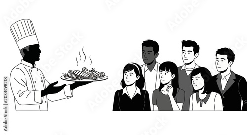 Quadro su tela A professional chef presenting a freshly prepared hot meal to a group of attentive people
