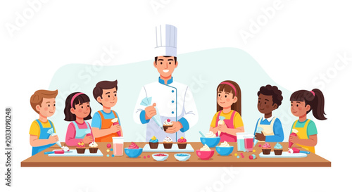 Tableau sur toile A professional chef teaching a diverse group of children how to decorate cupcakes in a cooking class