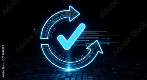 Modern glowing checkmark inside circular arrows icon on dark background