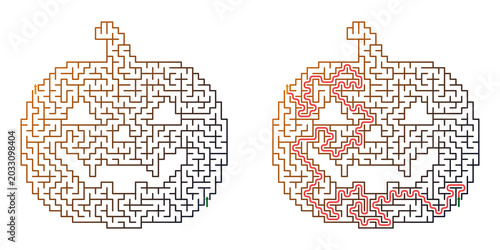 Jack-o-lantern maze with solution and outline on a white background  