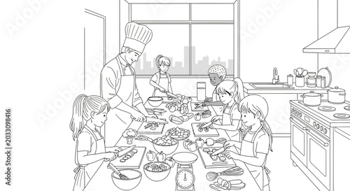 Photos A professional chef teaching a group of children how to cook in a kitchen