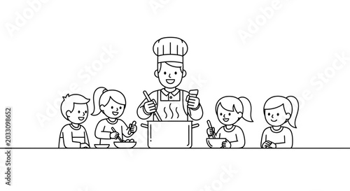 Cuadro en lienzo A professional chef teaching a group of children how to cook in a kitchen