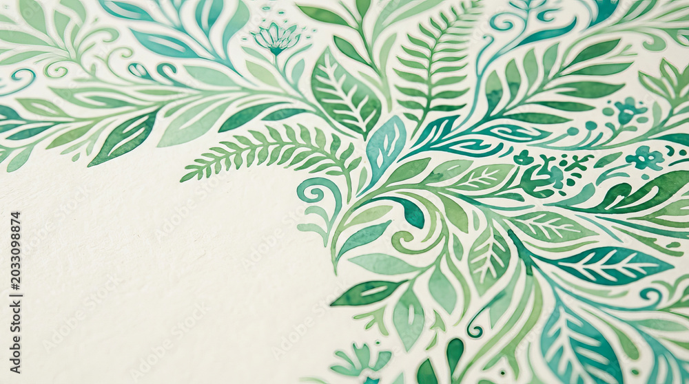 Fototapeta premium Close up of green and teal floral pattern on white background, featuring stylized leaves and vines in decorative art style.