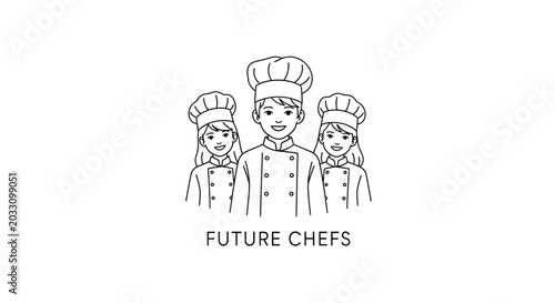 Photos Line art illustration of three young aspiring chefs wearing traditional uniforms and hats