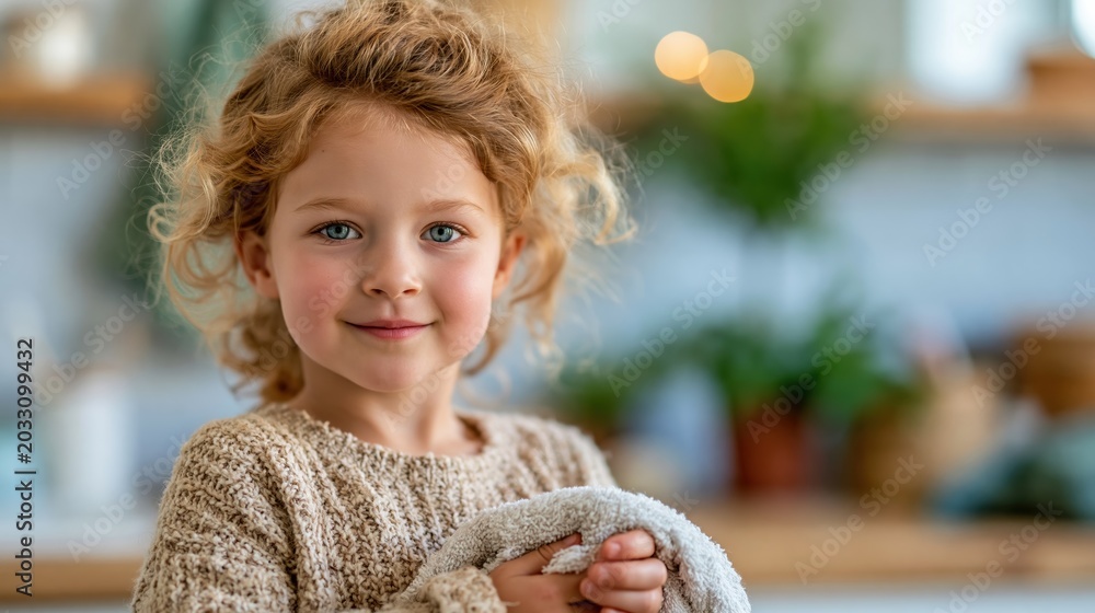 Fototapeta premium A lovely young girl with curly hair smiles warmly while holding a soft towel, capturing a moment of warmth and innocence in a beautifully styled kitchen environment.