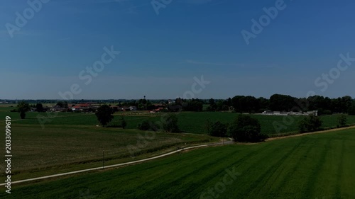 Rural Landscape Panorama: An expansive aerial view captures a serene rural landscape under a clear blue sky, featuring lush green fields, scattered trees, and a distant village.