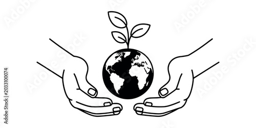 Canvastavla Black and white of hands cradling a globe with a sprouting plant earth in white