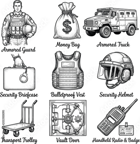Fotografie Security icons including armored guard, money bag, and armored truck