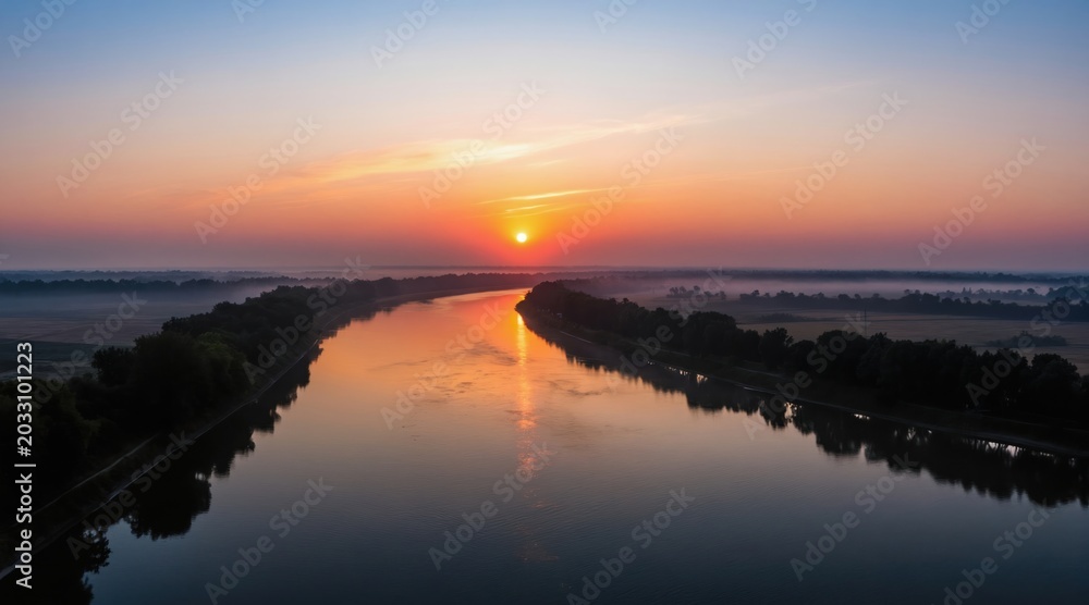 Obraz premium Sunrise over calm wide river reflects vibrant orange sky. Mist covers distant treeline and fields. Peaceful morning nature landscape glows with soft warm light.