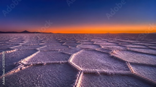 A stunning wide landscape of a remote salt flat at dusk featuring unique hexagonal crust formations, captured in a cinematic widescreen composition with vibrant orange sunset light on the horizon.