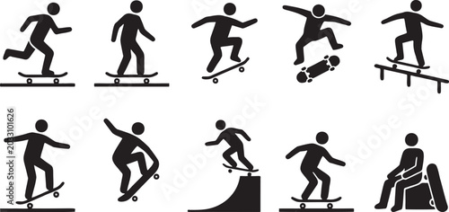 Bild auf Leinwand Skateboarding Pose Silhouette Icon Sheet.