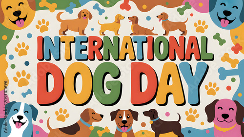 International Dog Day celebration with colorful cartoon dogs and paw prints transparent background