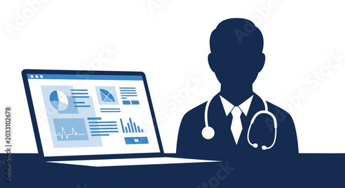 Schilderij op canvas Silhouette of a doctor with a stethoscope analyzing medical data on a laptop computer