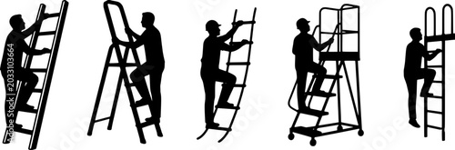 Fotografie A series of silhouettes showing people climbing and working on various ladders and step ladders in different positions