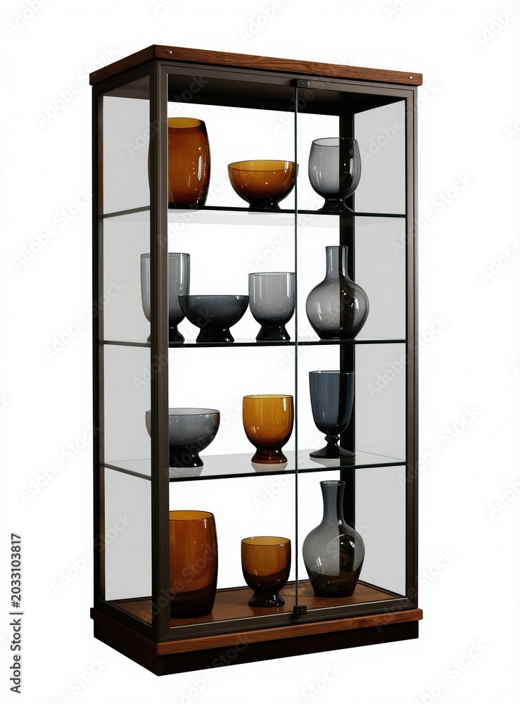 Fototapeta premium Glass display cabinet with wood frame holds various amber and gray glass vases and bowls. Modern furniture piece for home decor and interior design. Item isolated on white studio background.