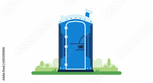 Blue portable toilet unit with a door and vent, on green grass