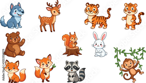Canvas Print Cute cartoon wild animals collection with baby tiger wolf deer fox bear squirrel
