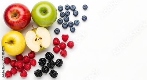 Vibrant assortment of fresh berries and crisp apples arranged in a healthy flat lay fruit composition on white background