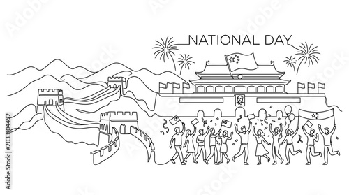 Foto Line art illustration of Chinese National Day celebration with Great Wall and Tiananmen Square